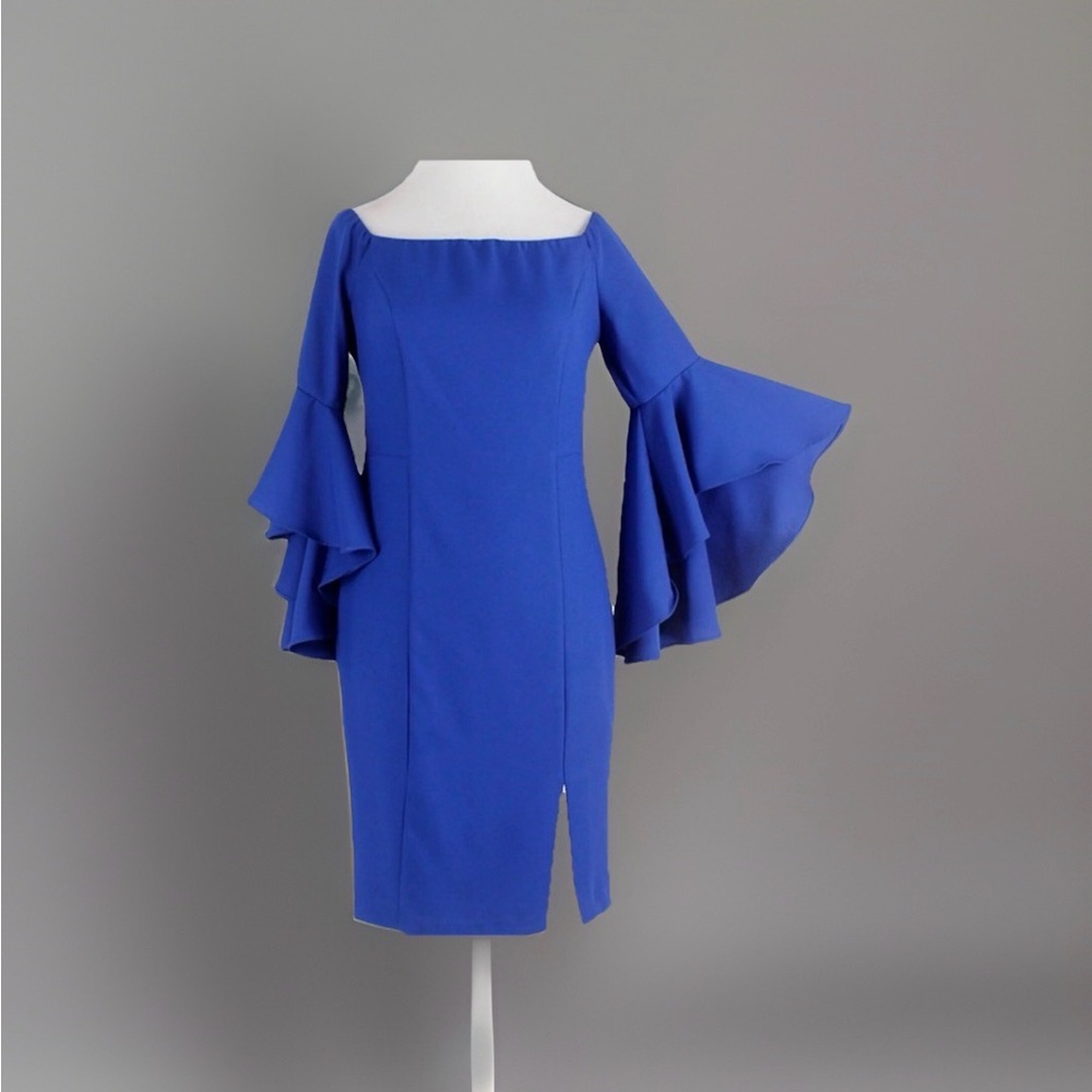 Venus Royal Blue Cocktail Party Dress Off The Shoulder Size 12 Bell Sleeve